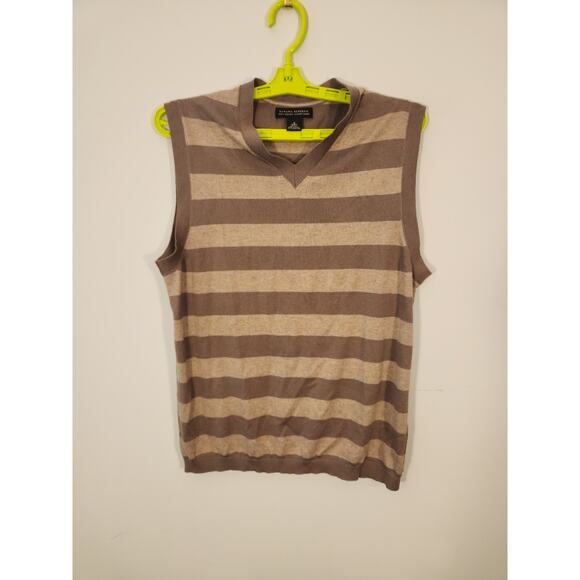 Banana Republic Sweater Vest Mens Small Brown Tan Striped Cashmere Silk V-Neck - Picture 7 of 8